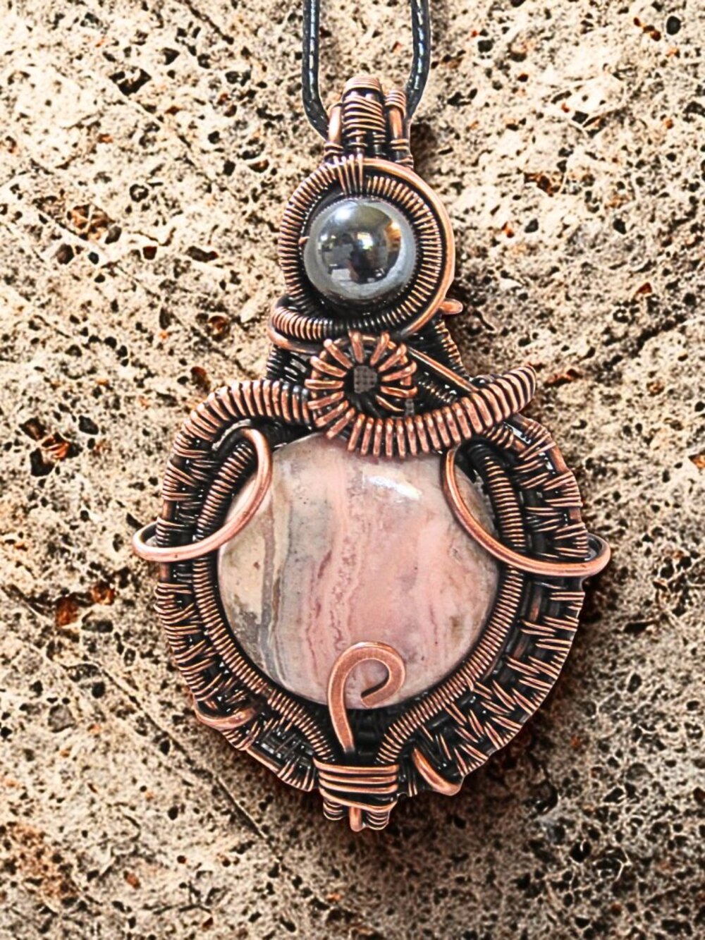 Handmade Rhodonite & Hematite Copper Wire Wrapped Pendant - Picture 3 of 4